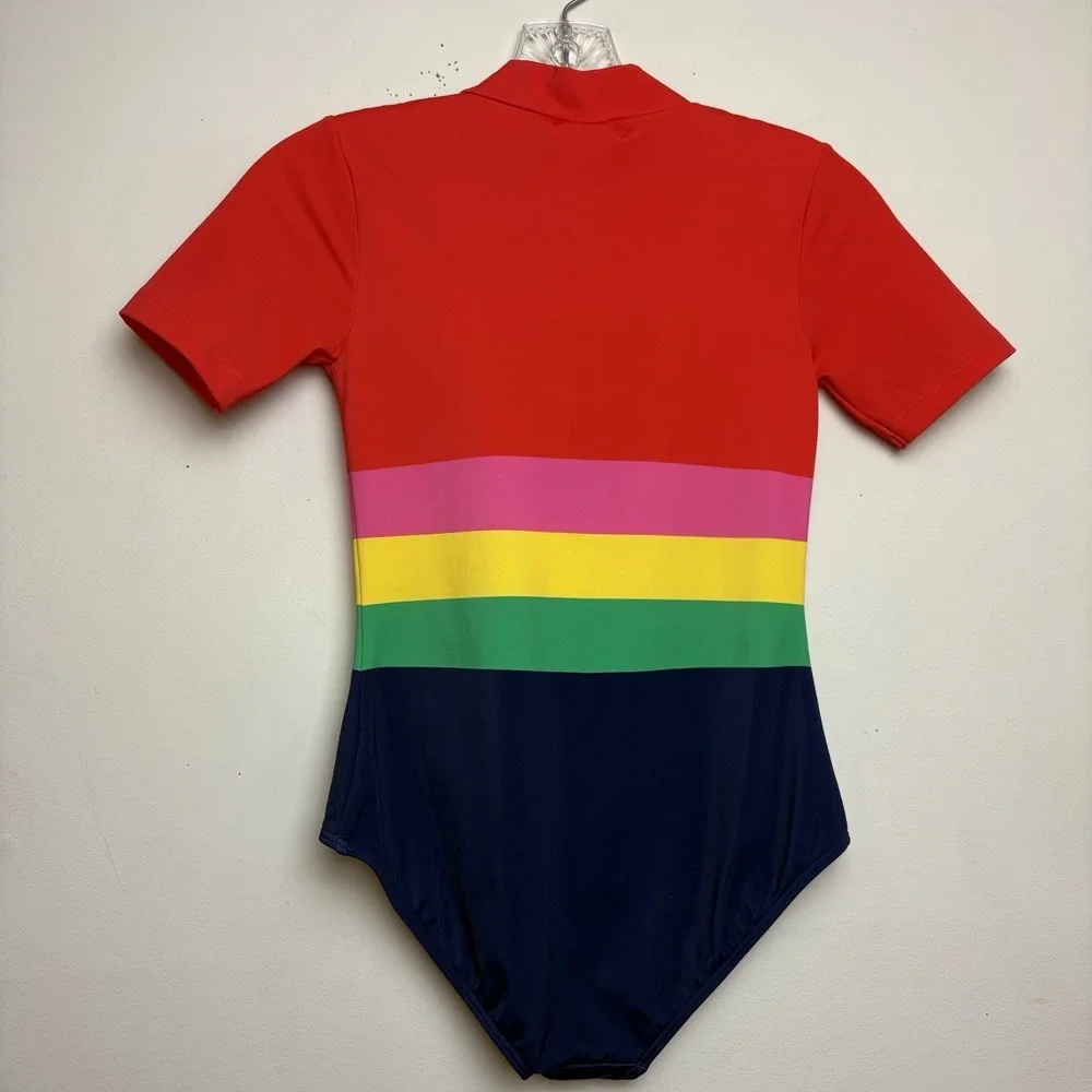 Mini Boden Stripes Colorblock Short Sleeve Swimsuit Bathing Suit Sz 11-12